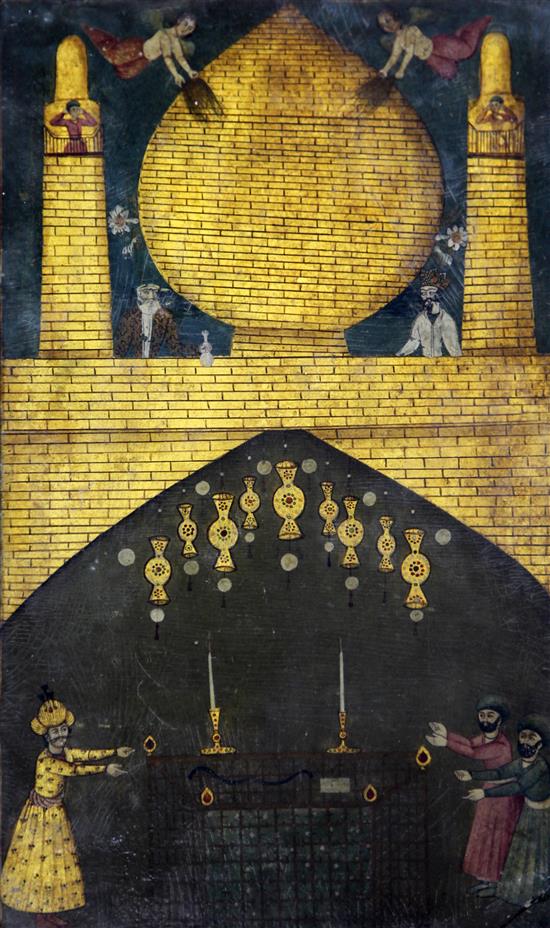 A Persian lacquerwork painting of figures at a Golden Mosque, Qajar, 19th century, 17.75 x 11in.